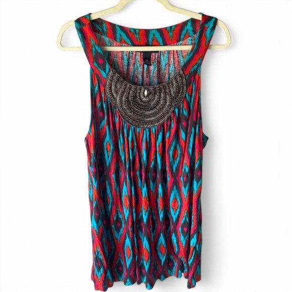 Inc International Colorful Ikat Boho Rayon Beaded Neckline Tunic Tank Top 2X - Picture 1 of 9